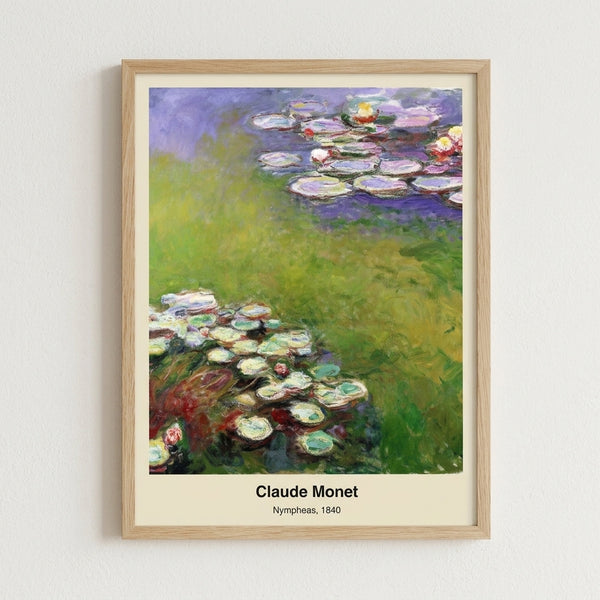 Monet's water lilies artwork featuring delicate flowers and reflective water in muted pastels, evoking a peaceful, dreamy natural landscape.