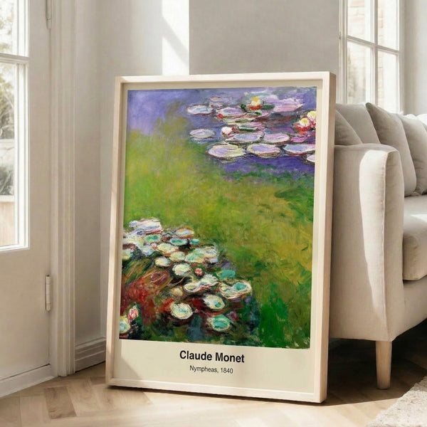 Classic impressionist water garden poster showing lily pads and blooms rendered in luminous lavender, blue, and green tones creating a meditative mood.