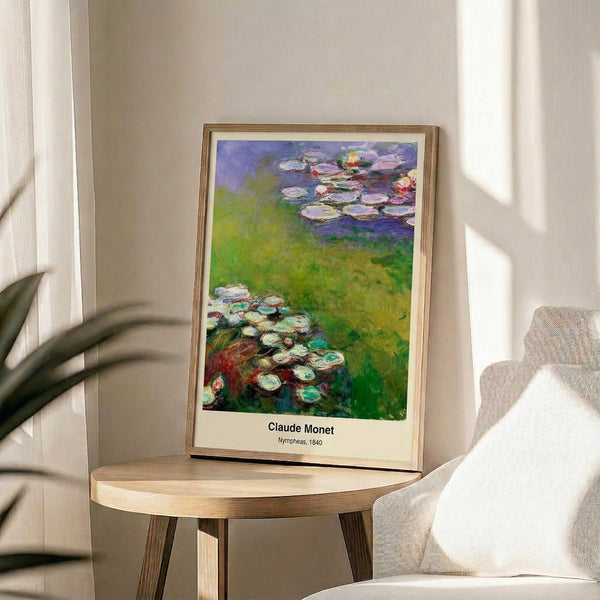 Wall art print of water lilies in impressionist style, featuring soft lavender and blue hues with gentle reflections evoking botanical serenity.