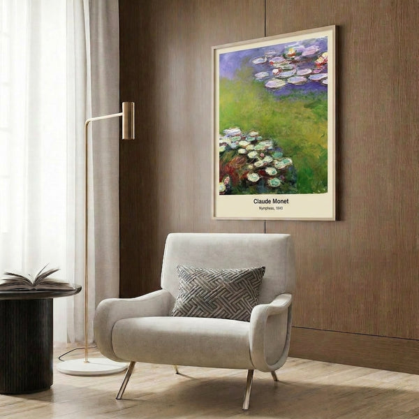 Impressionist garden scene framed as wall art with water lilies and reflective pond rendered in pale yellow, blue, and green creating contemplative atmosphere.