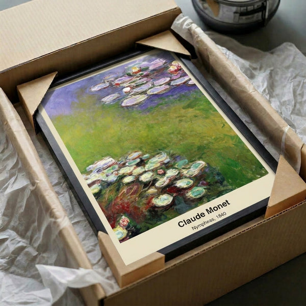 Serene water lily poster in impressionist style with luminous soft blues, greens, and lavenders depicting a peaceful floral pond landscape.