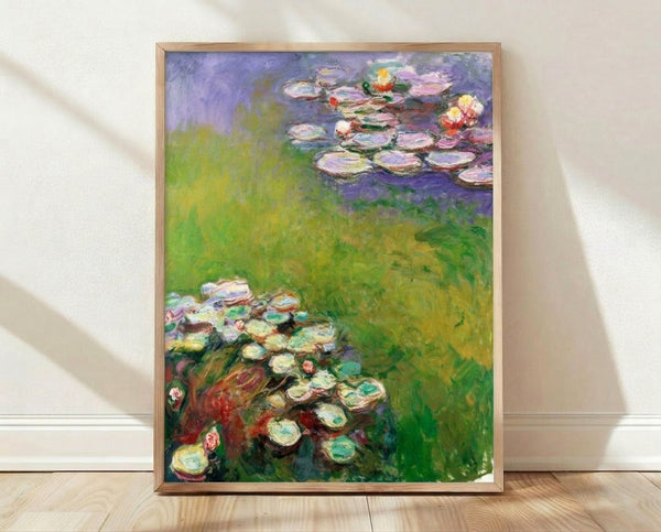 Framed Monet Nympheas water lilies poster displaying soft blue, green, and pink hues reflecting on a serene pond surface.
