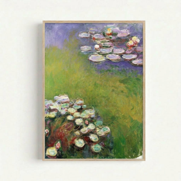 Monet water lilies art print featuring layered brushstrokes in cool tones of lavender, sage, and pale blue creating a tranquil garden scene.