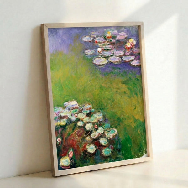 Impressionist Nympheas poster showcasing floating water lilies with dreamy, blended colors in soft greens and blues hung as wall decor.