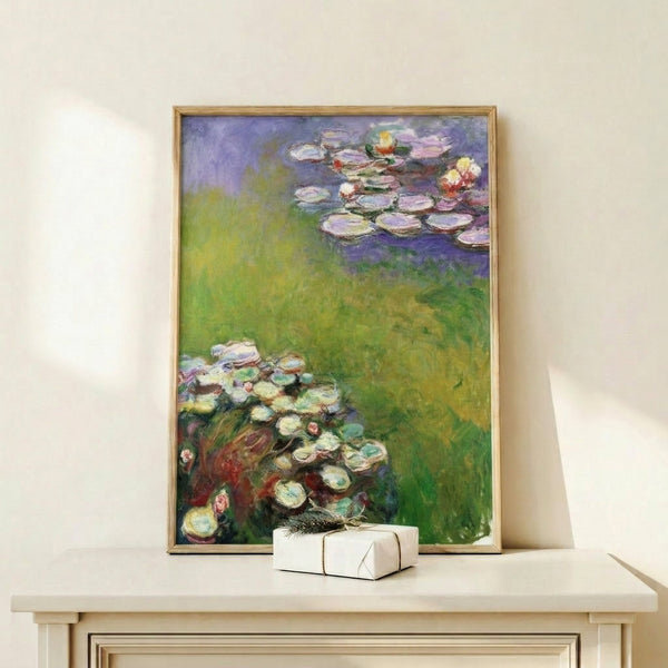 Claude Monet-inspired framed print of water lilies in a garden pond rendered in gentle impressionistic style with pastel color tones.