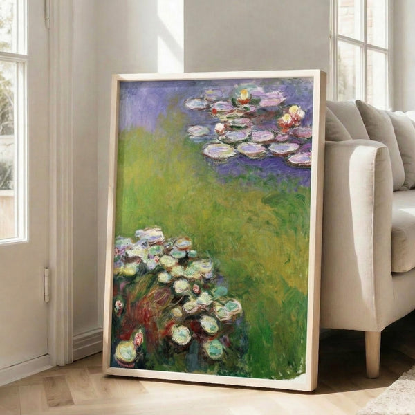 Serene water lily wall art featuring Monet's Nympheas with peaceful color palette of aquatic blues, greens, and soft mauve reflections.