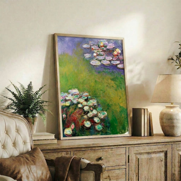 Impressionist poster art of floating Nympheas blossoms and foliage in luminous soft blues and greens evoking a quiet garden moment.