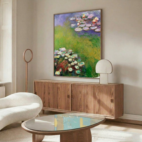 Monet Nympheas botanical wall print capturing water lilies in impressionistic style with soothing palette of blues, greens, and pale pinks.