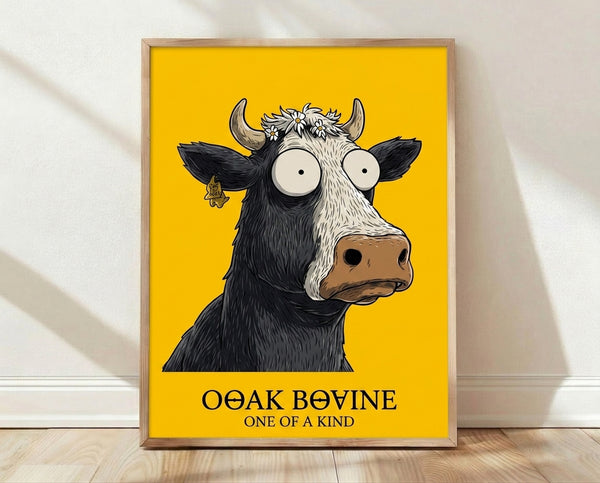 Pop art style cow with golden yellow and black coloring, adorned with white daisies and flowers, framed poster displaying quirky and whimsical bovine character art.