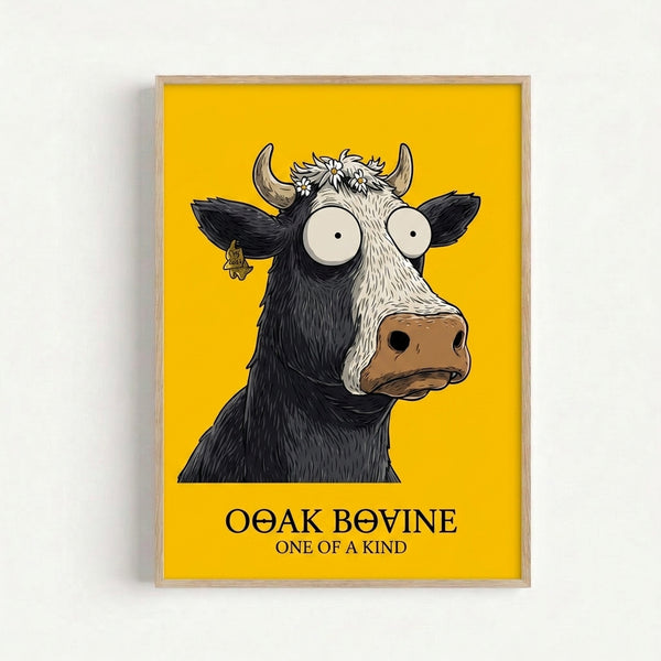 Modern wall art print featuring a humorous bull design in pop art style with golden tones, brown accents, and delicate daisy flowers throughout the composition.