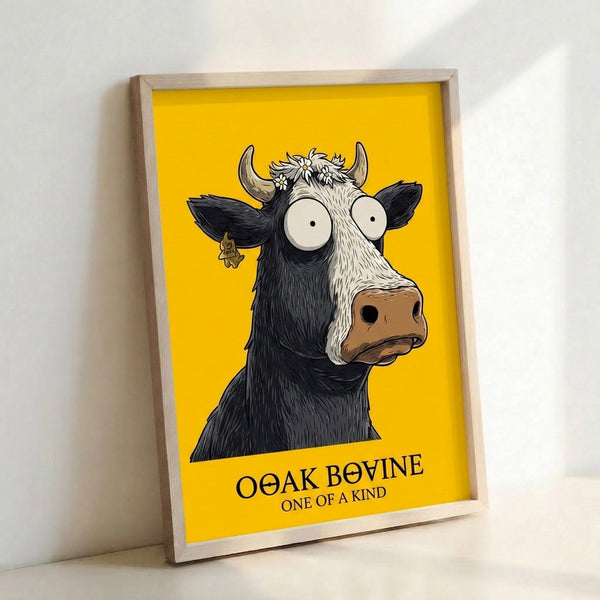 Funky framed poster of a one-of-a-kind cow character rendered in bold pop art style with golden yellow, black, and white colors and playful floral details.