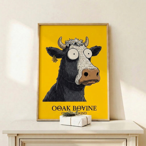Quirky bull portrait in contemporary pop art style, combining golden yellow and brown tones with charming white daisy flowers in a whimsical framed print.