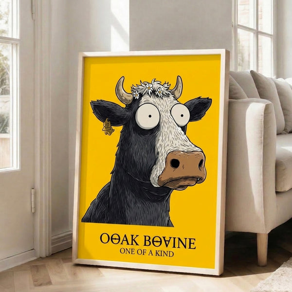 Humorous bovine pop art poster with a unique character design in golden yellow and black, decorated with white and gray daisies for whimsical wall decor.