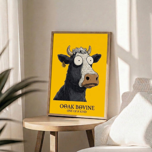 Modern pop art framed print of a playful, one-of-a-kind cow design featuring golden yellow, brown, and black colors with dainty daisy flower accents.