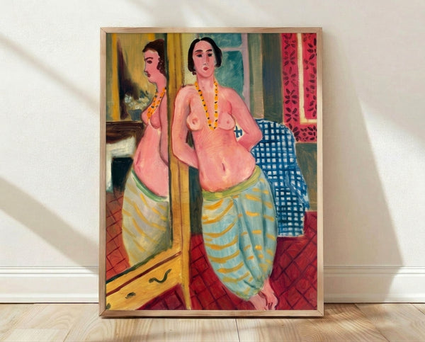 Framed modern art poster featuring a reclining woman in ochre and coral tones gazing at her reflection in a mirror, with deep blue and cream accents creating an elegant, sensual composition.