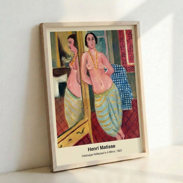 Sophisticated poster art depicting a woman in a mirrored interior scene with flowing lines in coral, ochre, and cream, accented by deep blue details in a modern sensual style.