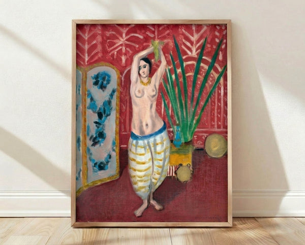 Framed art print of Odalisque With A Screen, Matisse's iconic composition featuring a reclining figure in warm earth tones and soft pastels against abstract decorative patterns.