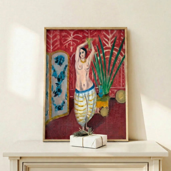 Framed contemporary art print interpreting a reclining odalisque surrounded by patterned screens, created in Matisse's modernist aesthetic with layered shapes and balanced composition.