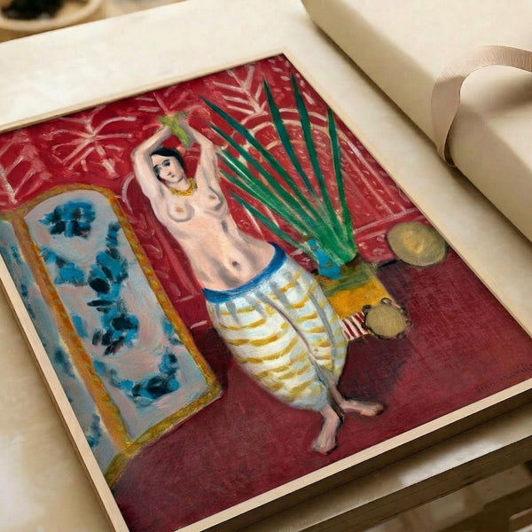 Art print of Odalisque With A Screen displaying Matisse's characteristic interplay of figure, decoration, and negative space in warm and cool earth-inspired hues.