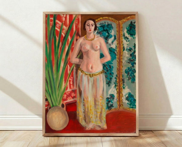 Matisse-inspired odalisque figure posed with hands clasped behind her back, rendered in flowing lines and warm earthy tones with touches of vibrant color.