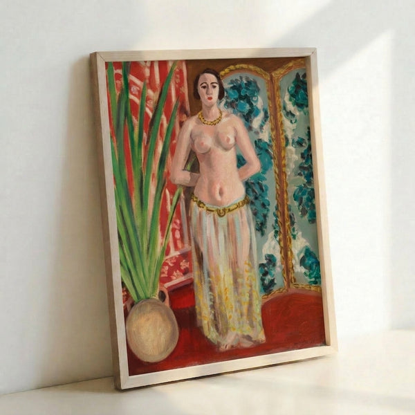Stylized portrait of an odalisque in contemplative pose, combining curved organic forms with a harmonious blend of ochres, reds, and muted jewel tones.