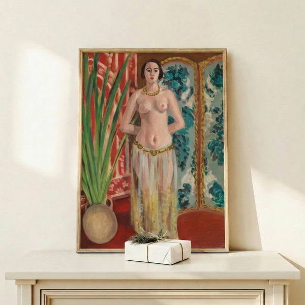 Modernist wall art showing a sensual figure study with minimalist linework and a warm, inviting color scheme of earth tones and coral accents.