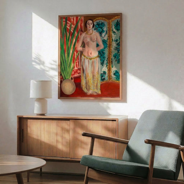 Matisse-style artistic composition of a seated odalisque in profile, blending fluid line drawing with warm saturated colors and decorative patterning.