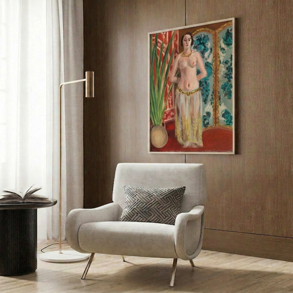 Modern gallery-worthy poster of an odalisque figure rendered in expressive curves and a sophisticated palette balancing warm terracottas with cooler accent hues.
