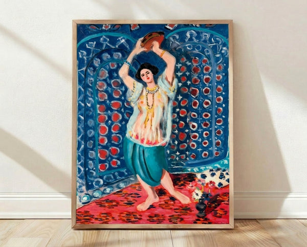 Framed poster of Matisse's Odalisque with Tambourine Version 2, featuring a reclining figure in vibrant jewel tones and decorative patterns characteristic of Fauvist style.