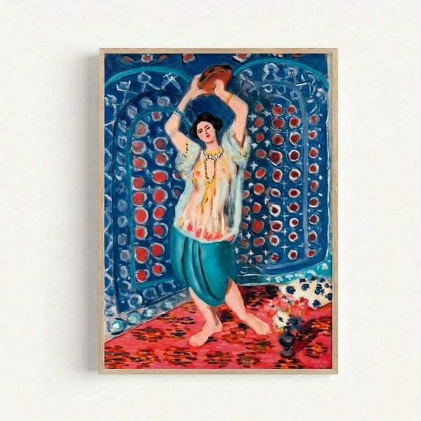 Art print displaying Matisse's classical odalisque composition with bold colors and rhythmic design elements, presented as a framed wall poster.
