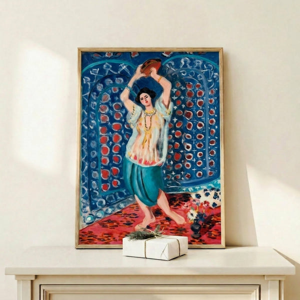 Matisse masterpiece poster featuring an odalisque figure rendered in dynamic color blocks and ornamental patterns, hung as decorative wall art.