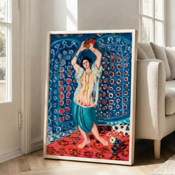 Framed print of Matisse's Odalisque with Tambourine Version 2, combining figurative representation with abstract pattern in warm and cool color harmonies.