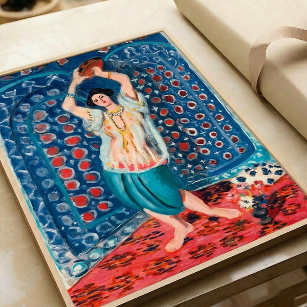 Matisse's odalisque composition framed as a poster, blending intimate portraiture with ornamental design elements in a palette of vibrant complementary colors.