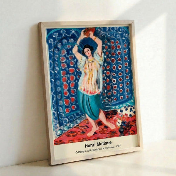 Framed poster artwork showing an odalisque in flowing fabric, artistic composition with warm ochre and soft pink hues balanced by rich blue accents in Art Nouveau aesthetic.