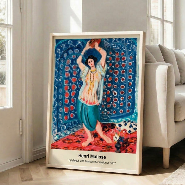Wall-mounted art print of a sensual figure with tambourine, Matisse-influenced Impressionist style using cream, ochre, and deep blue in a contemplative artistic arrangement.