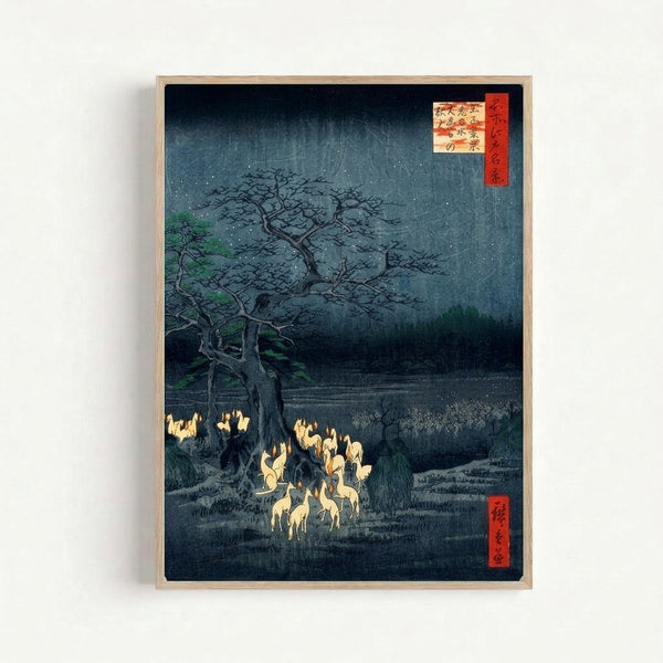 Framed poster showcasing a mystical scene of foxes and ethereal flames by a moonlit lake surrounded by forest green and cream-colored trees.