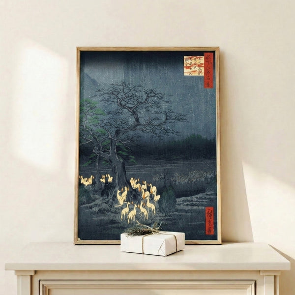 Serene night forest scene with mystical fox-fire illuminated against deep teal and forest green palette, displayed as a framed wall art print.