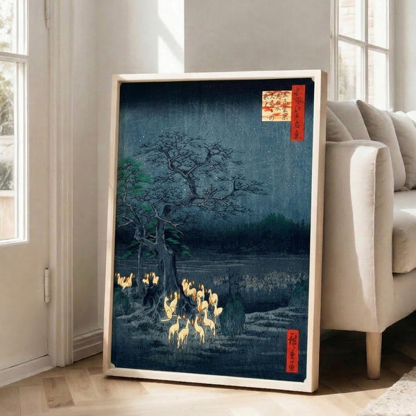 Japanese woodblock poster capturing ethereal fox spirits and glowing flames in a quiet nighttime forest landscape with starlit sky and cream accents.