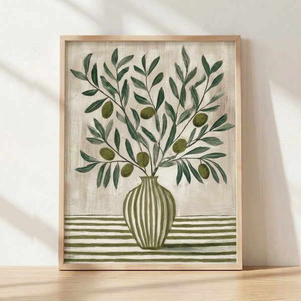 Minimalist Japandi still life poster featuring an olive branch with delicate leaves arranged in a cream vase against a warm white background, framed on a wall.