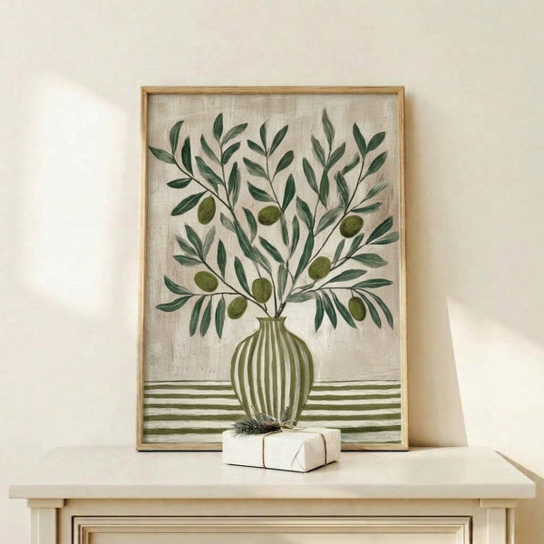 Serene botanical art print in sage and olive green tones depicting a simple vase with olive branches, rendered in calm minimalist Japandi style.