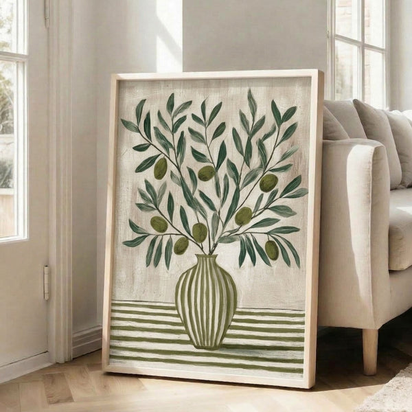 Framed poster artwork showcasing an organic olive branch arrangement in a neutral vase, featuring soft sage green hues and a tranquil minimalist aesthetic.