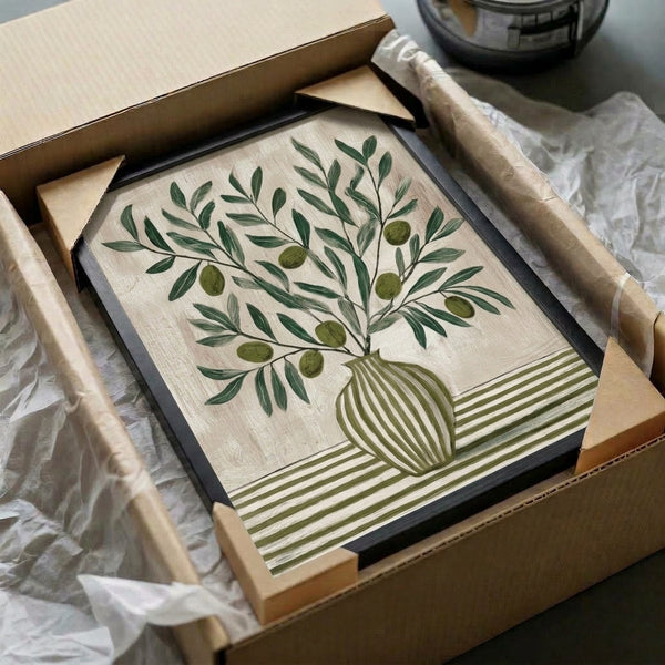 Zen-inspired botanical poster with a single olive branch in a cream-colored vase, balancing warm whites and muted green tones in peaceful Japandi design.