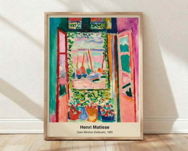 Abstract framed poster of an open window overlooking a harbor, rendered in vibrant blues, fuchsias, and warm ochres with dynamic geometric forms and flowerpots.
