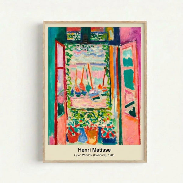 Matisse-inspired modern art print featuring a balcony interior with a sea view, composed of bold color blocks in blue-green, red, and cream tones on a white wall.
