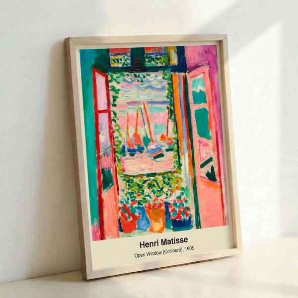 Contemplative abstract window scene with layered geometric shapes in fuchsia, ochre, and blue-green, evoking a lyrical seaside interior framed as wall art.