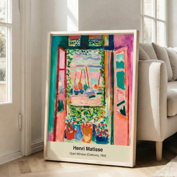 Vibrant modern poster depicting an interior room with an open window and harbor vista, using optically dynamic color blocking in warm and cool tones.