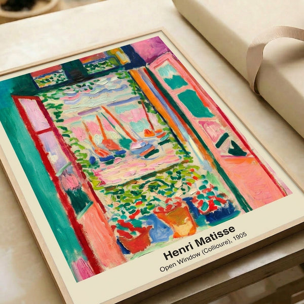 Lyrical modern poster of an open window interior with flowing abstract forms in blue-green, red, and ochre, suggesting a contemplative Mediterranean scene.