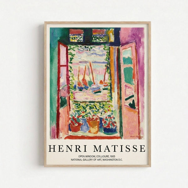 Modern impressionist art print showing a sunlit window view with sailboat on the sea, flowering plants, and architectural details in rich jewel tones and warm accents.