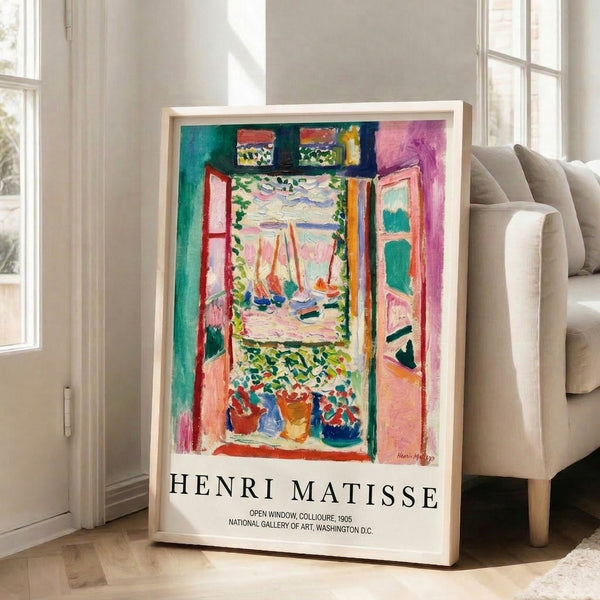 Meditative wall art showing an optimistic open window composition with blooming plants and sailboat view, executed in impressionist style with vibrant emerald, coral, and blue tones.