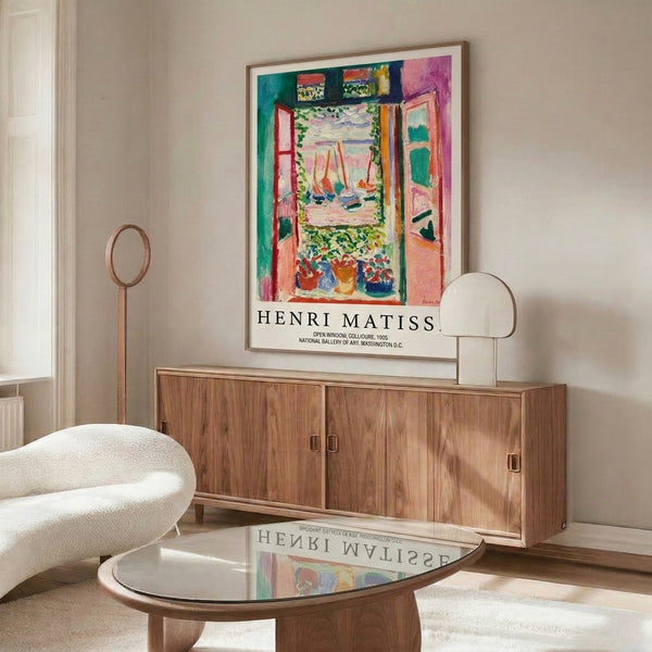 Vintage-inspired framed poster of a serene window overlooking coastal landscape with sailboat and floral elements, palette of lavender, golden yellow, ocean blue, and coral pink.
